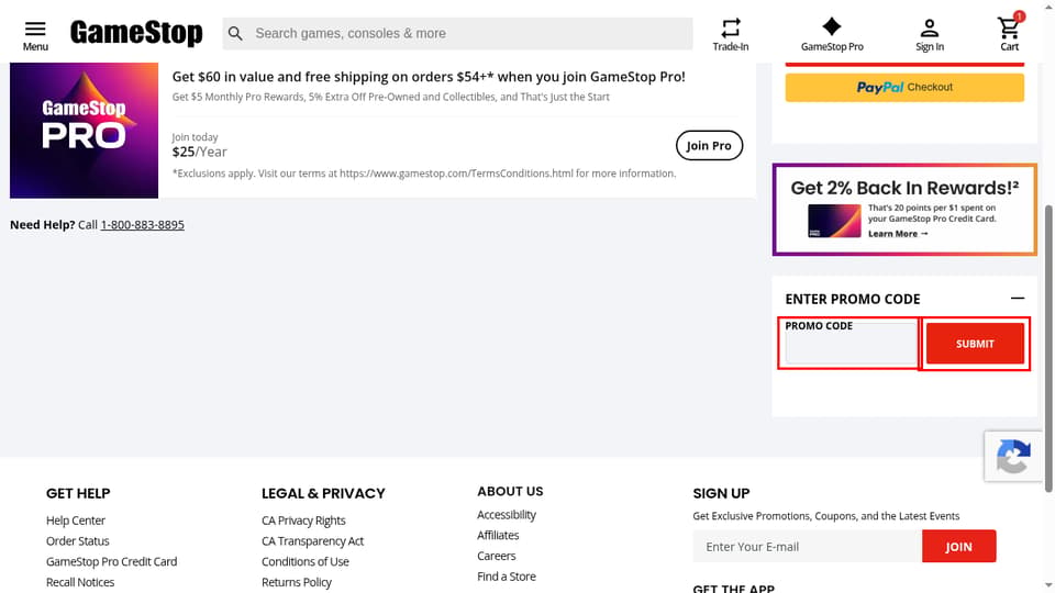 GameStop checkout page showing the Promo Code field and Submit button