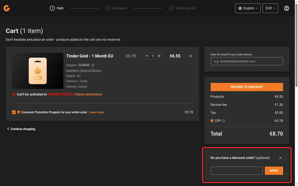 GAMIVO checkout page showing the Do you have a discount code? field and Apply button