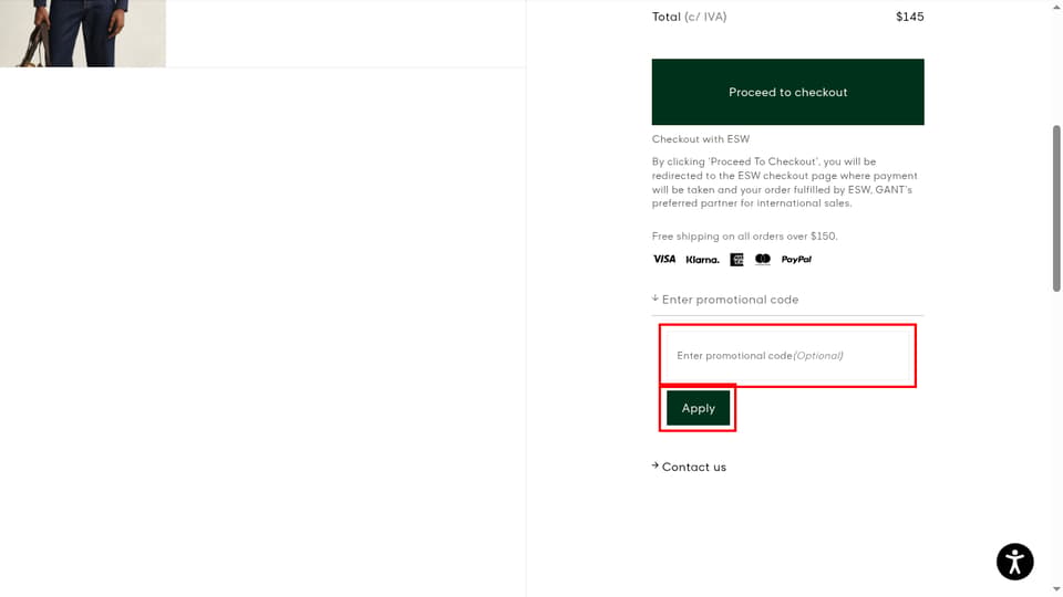 GANT checkout page showing the Promotional code field and Apply button
