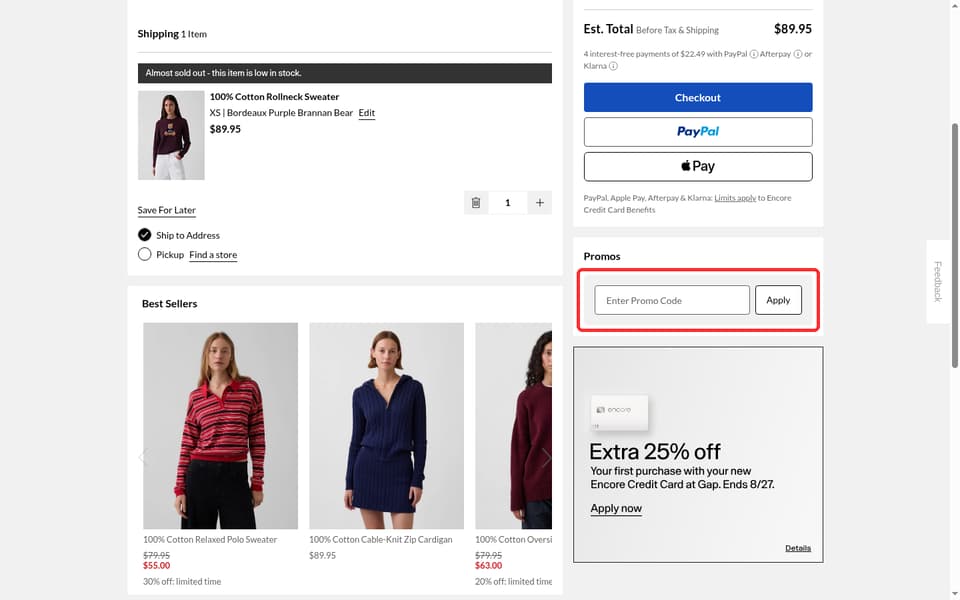GAP checkout page showing the Enter Promo Code field and Apply button
