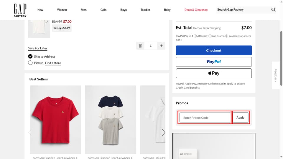 GAP Factory checkout page showing the Enter Promo Code field and Apply button