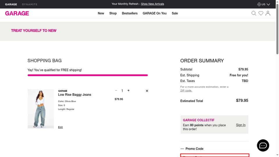 Garage Clothing checkout page showing the Promo Code field and Apply button