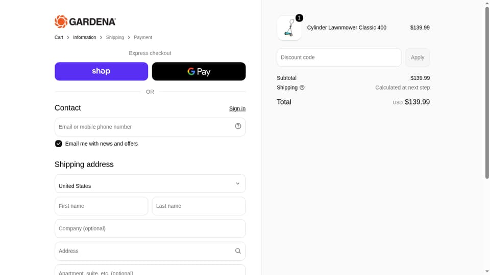 GARDENA checkout page showing the Discount code field and Apply button