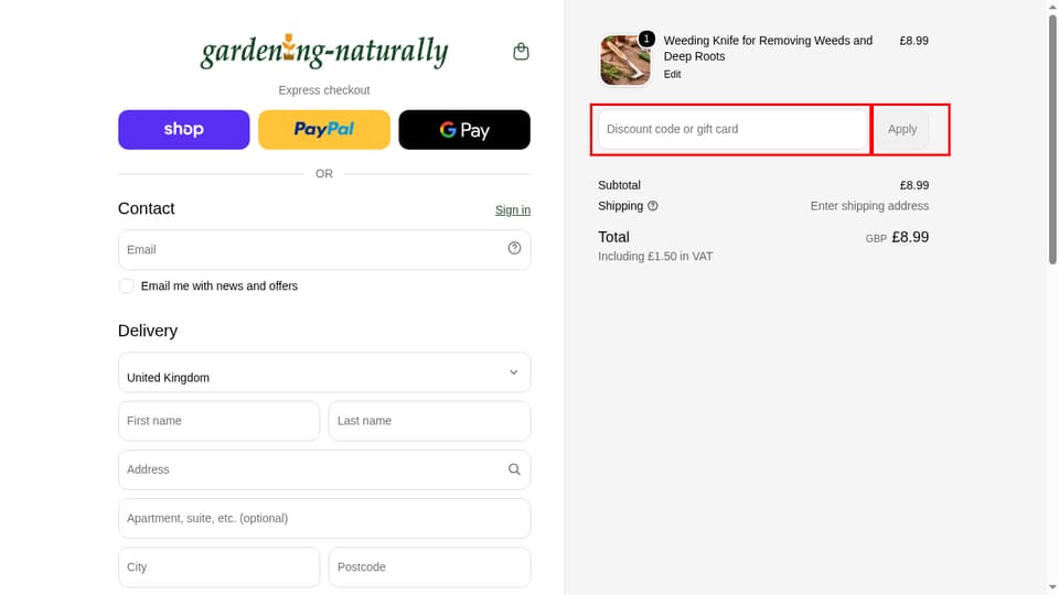 Gardening Naturally checkout page showing the Discount code or gift card field and Apply button