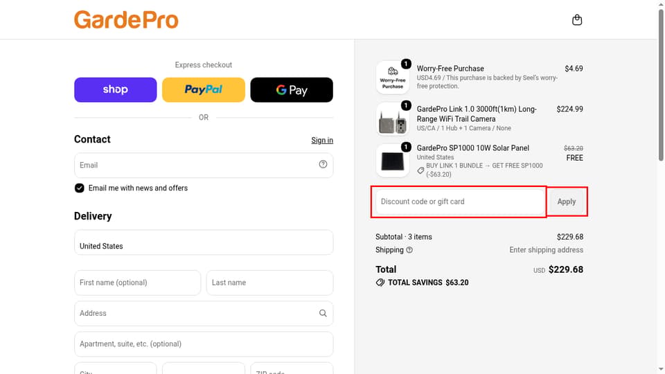 GardePro checkout page showing the Discount code or gift card field and Apply button