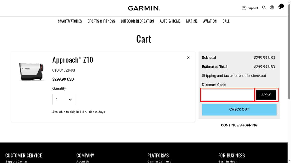Garmin checkout page showing the promo code field and APPLY button