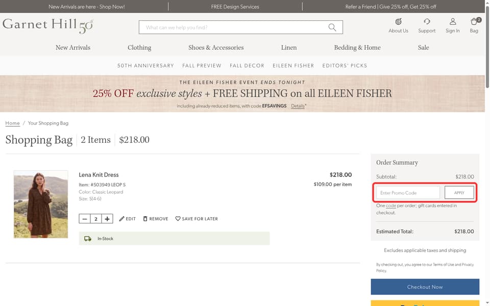 Garnet Hill checkout page showing the Enter Promo Code field and Apply button