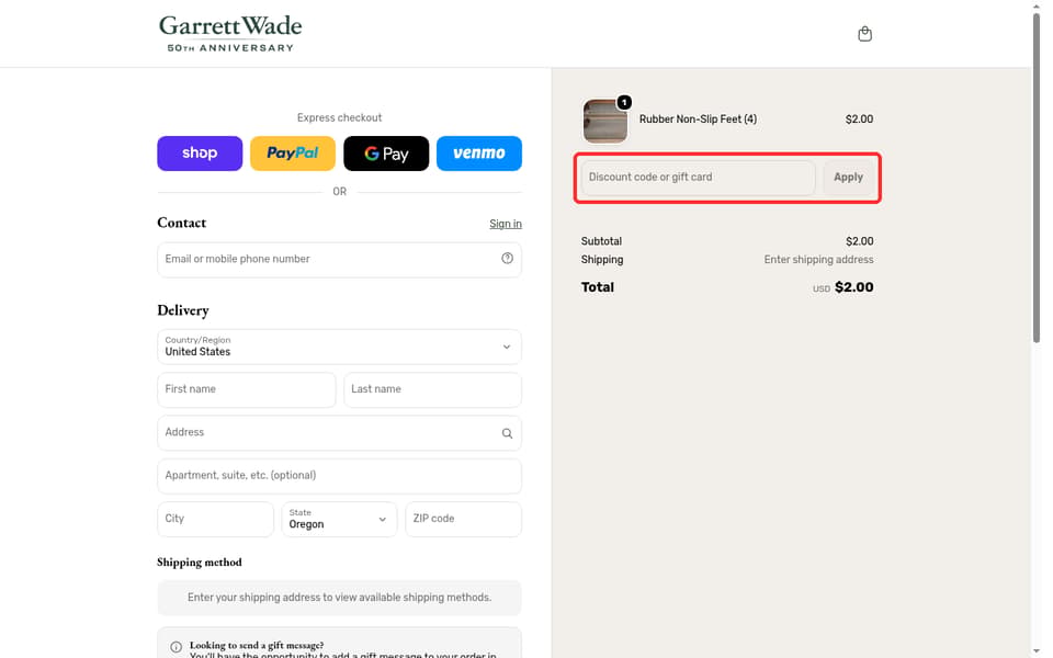 Garrett Wade checkout page showing the Discount code or gift card field and Apply button