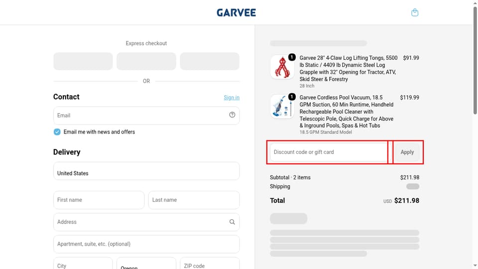 GARVEE checkout page showing the Discount code or gift card field and Apply button