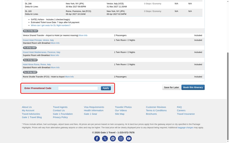 Gate 1 Travel checkout page showing the Enter Promotional Code field and Apply button