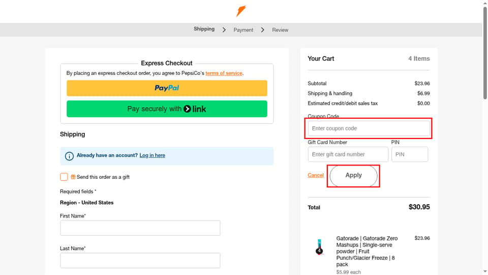 Gatorade checkout page showing the Enter coupon code field and Apply button