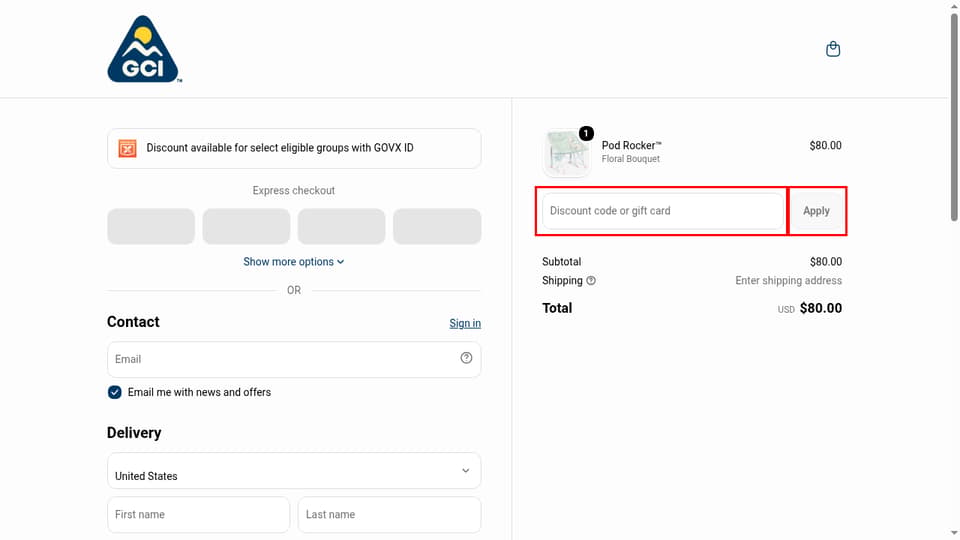 GCI Outdoor checkout page showing the Discount code or gift card field and Apply button