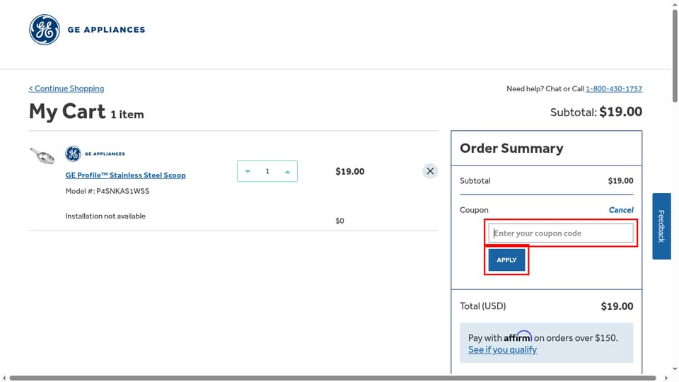 GE Appliances checkout page showing the Enter your coupon code field and Apply button
