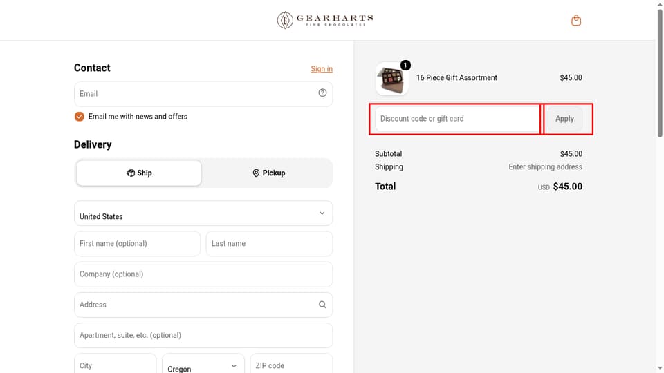 Gearharts Fine Chocolates checkout page showing the Discount code or gift card field and Apply button