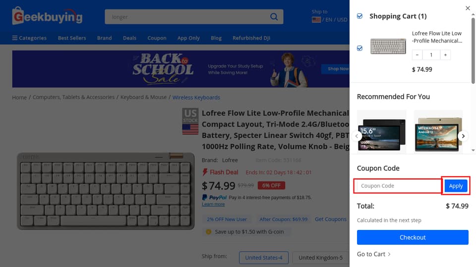 Geekbuying checkout page showing the Coupon Code field and Apply button