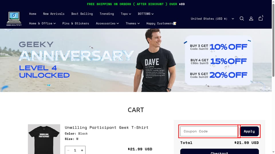 Geeksoutfit checkout page showing the Coupon Code field and Apply button