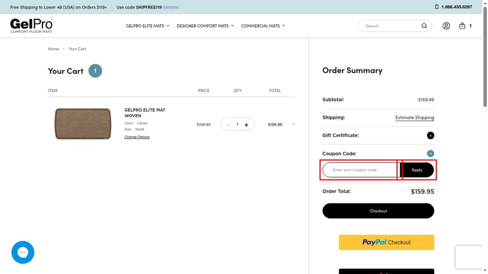 GelPro checkout page showing the Enter your coupon code field and Apply button