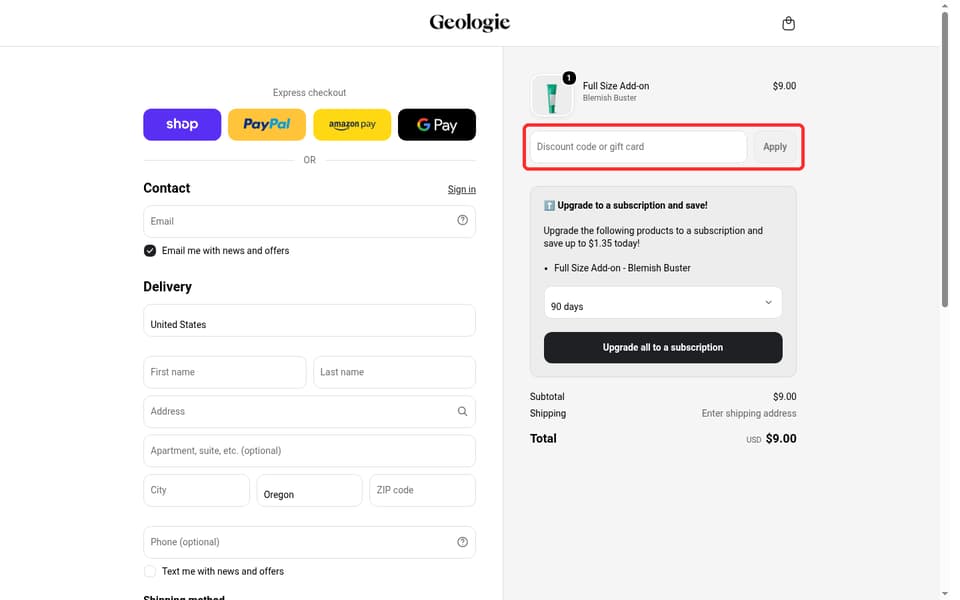 Geologie checkout page showing the Discount code or gift card field and Apply button
