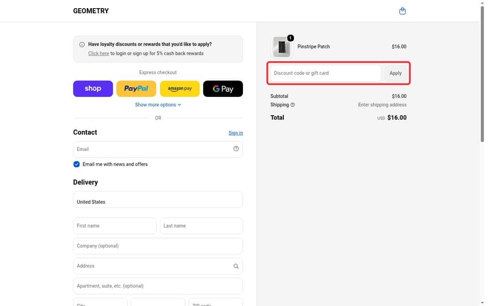Geometry checkout page showing the Discount code or gift card field and Apply button