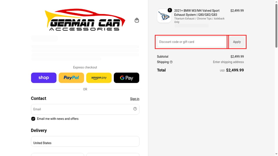German Car Accessories checkout page showing the Discount code or gift card field and Apply button