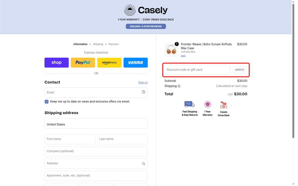 Casely checkout page showing the Discount code or gift card field and Apply button