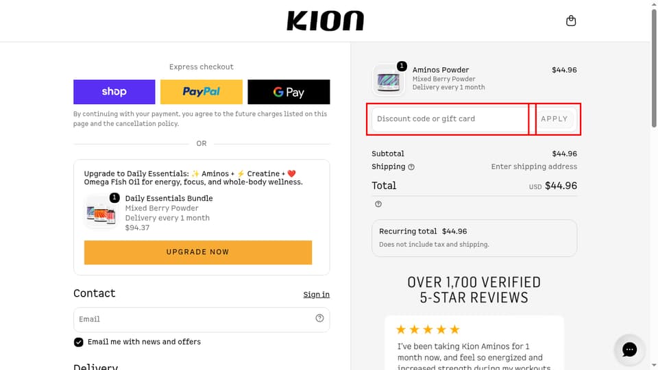 Kion checkout page showing the Discount code or gift card field and Apply button