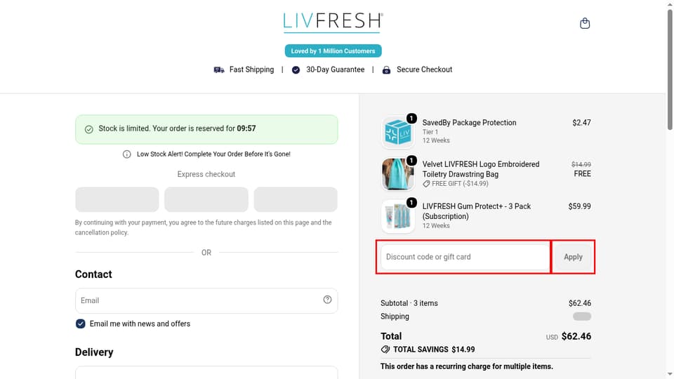 LivFresh checkout page showing the Discount code or gift card field and Apply button
