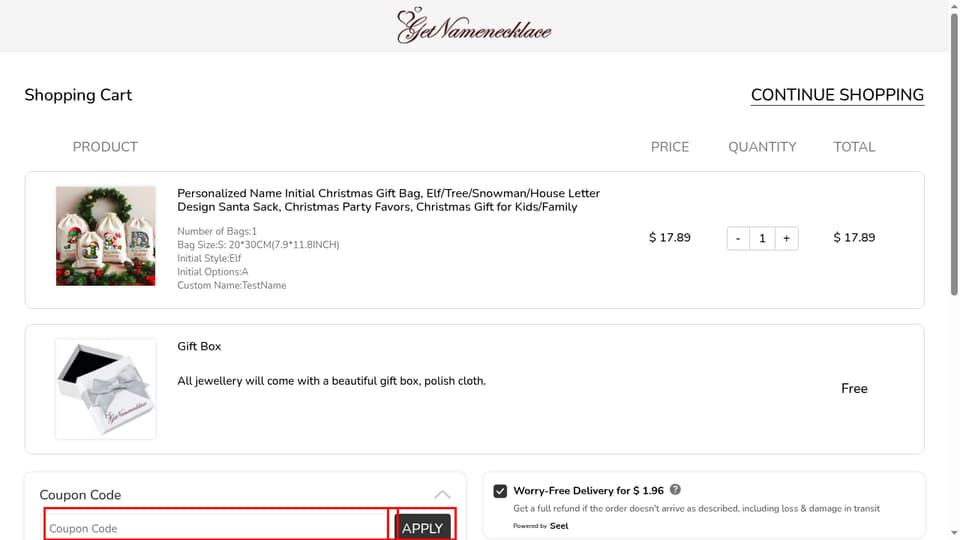 GetNameNecklace checkout page showing the Coupon Code field and APPLY button