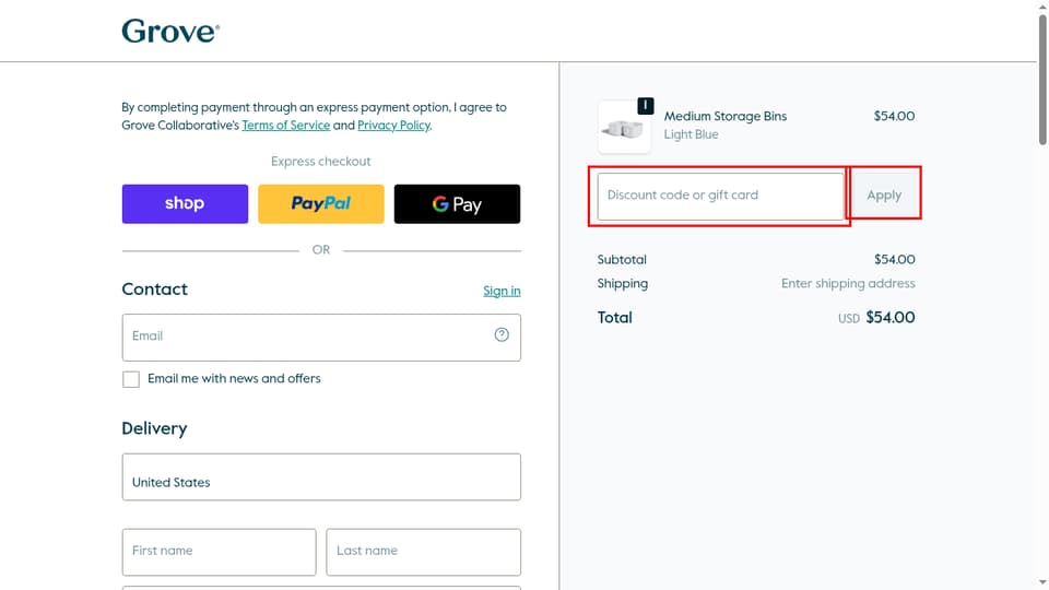 Open Spaces checkout page showing the Discount code or gift card field and Apply button