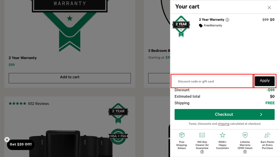 PuroAir checkout page showing the Discount code or gift card field and Apply button