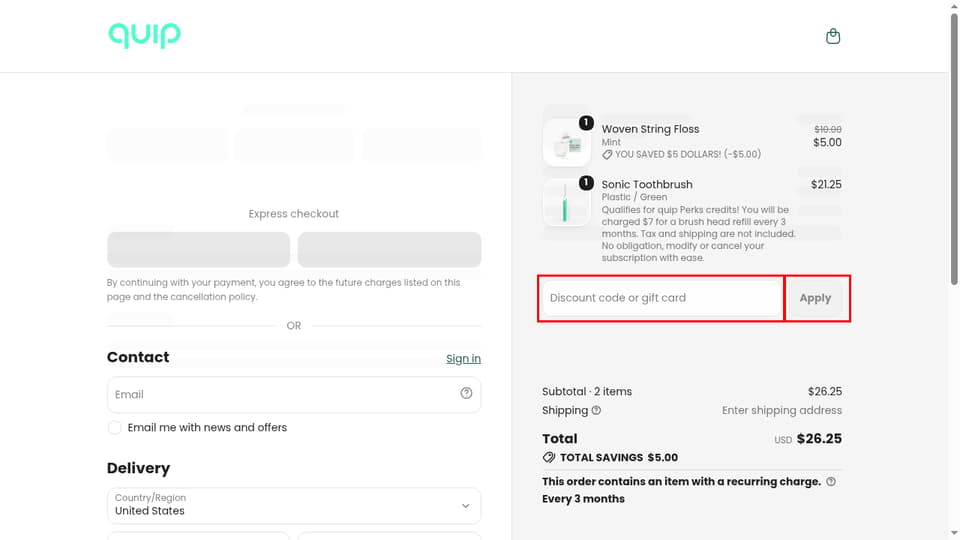 quip checkout page showing the Discount code or gift card field and Apply button