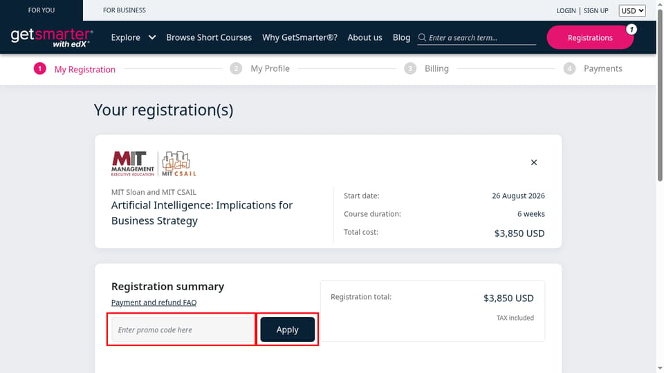 GetSmarter checkout page showing the Enter promo code here field and Apply button