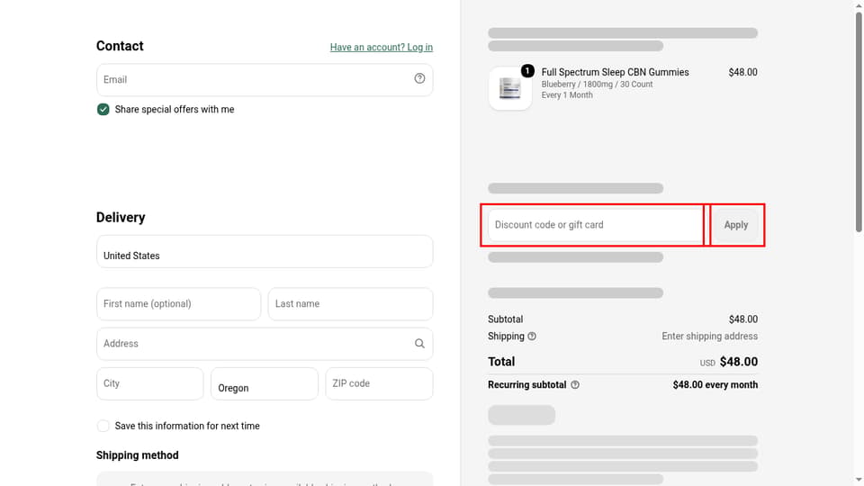 Sunmed checkout page showing the Discount code or gift card field and Apply button