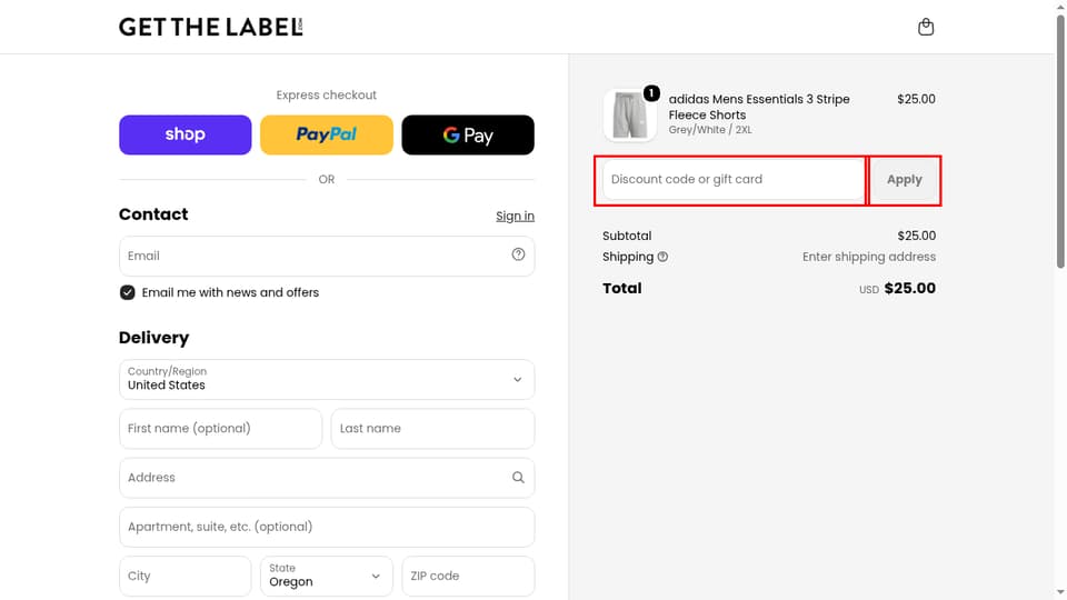 Get The Label checkout page showing the Discount code or gift card field and Apply button