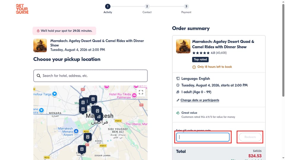 GetYourGuide checkout page showing the Enter gift code or promo code field and Redeem button
