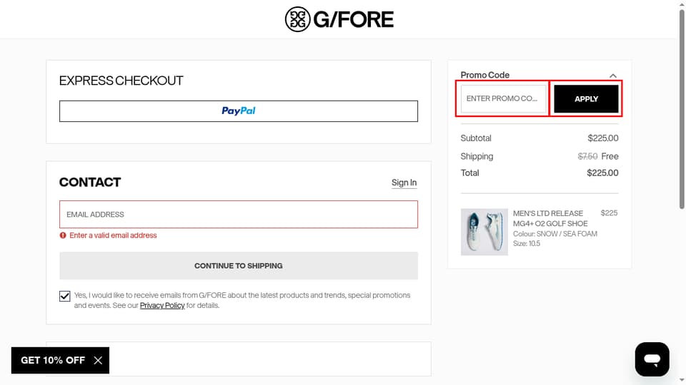 G/FORE checkout page showing the Enter Promo Code field and Apply button