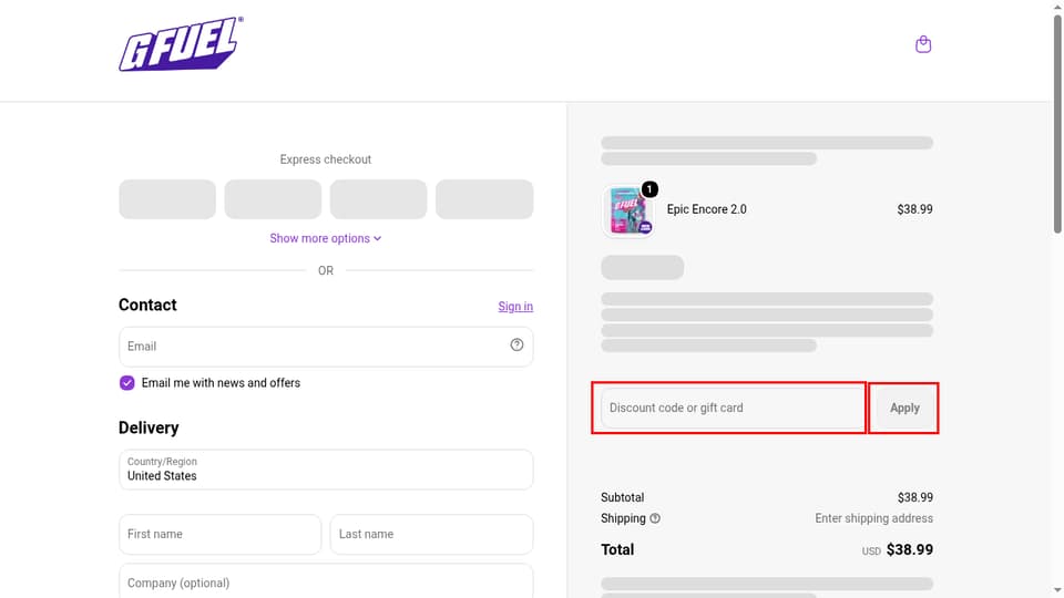 G FUEL checkout page showing the Discount code or gift card field and Apply button