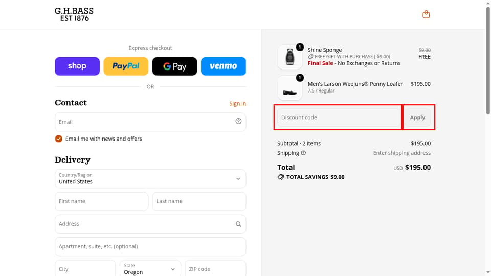 G.H.BASS checkout page showing the Discount code field and Apply button