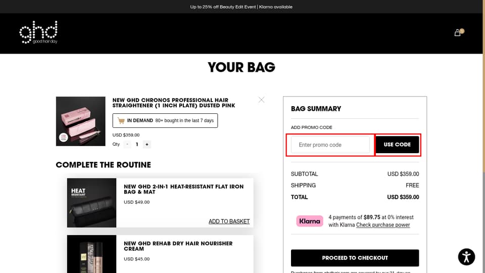 ghd hair checkout page showing the Enter promo code field and Use Code button
