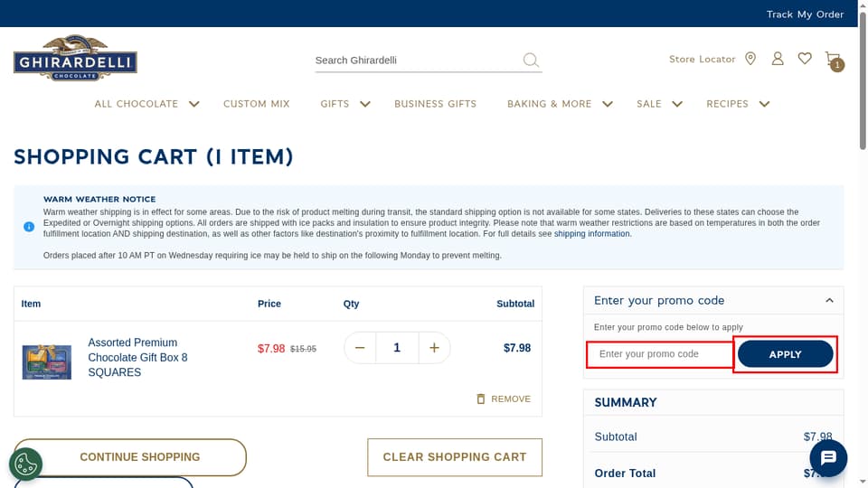 Ghirardelli checkout page showing the Enter your promo code field and Apply button