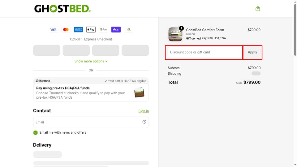 GhostBed checkout page showing the Discount code or gift card field and Apply button