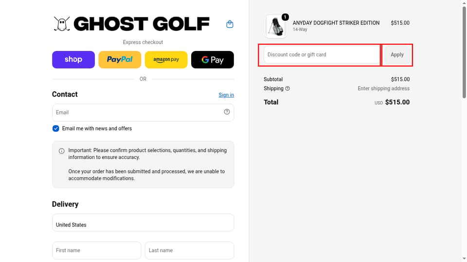 Ghost Golf checkout page showing the Discount code or gift card field and Apply button