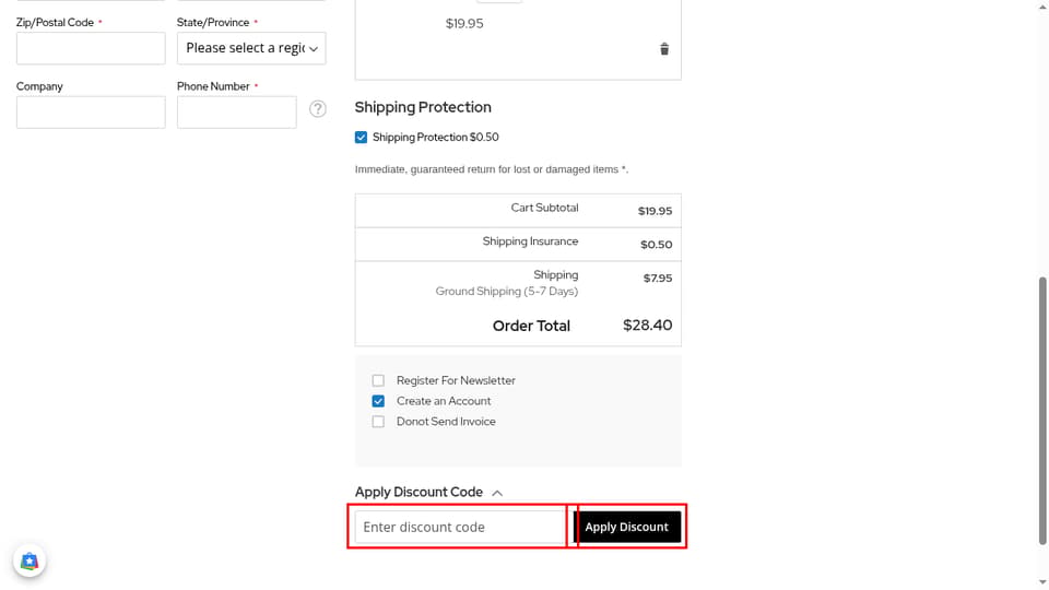 Gift Express checkout page showing the Enter discount code field and Apply Discount button