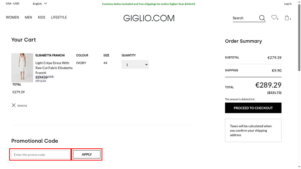 GIGLIO.COM checkout page showing the Enter the promo code field and Apply button
