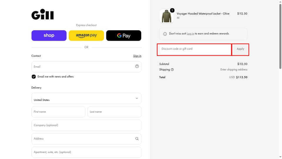 Gill Marine checkout page showing the Discount code or gift card field and Apply button