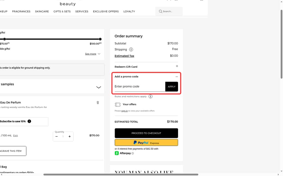 Armani Beauty checkout page showing the Enter promo code field and Apply button