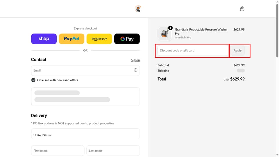 Giraffe Tools checkout page showing the Discount code or gift card field and Apply button