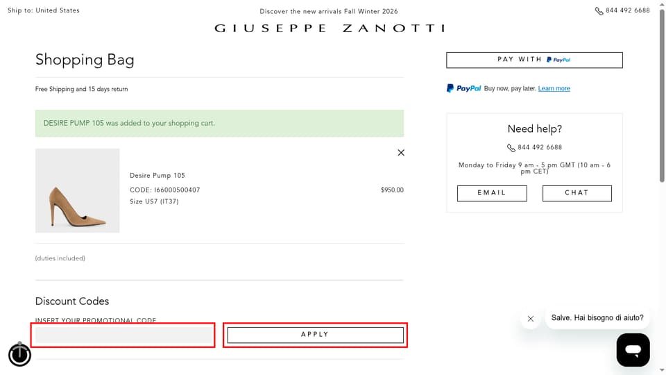 Giuseppe Zanotti checkout page showing the INSERT YOUR PROMOTIONAL CODE field and APPLY button