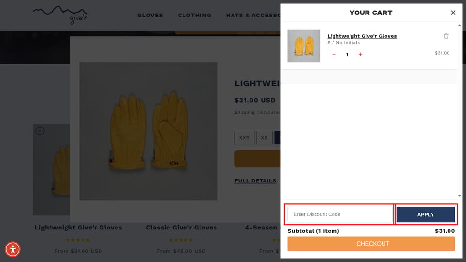 Give’r checkout page showing the Enter Discount Code field and APPLY button