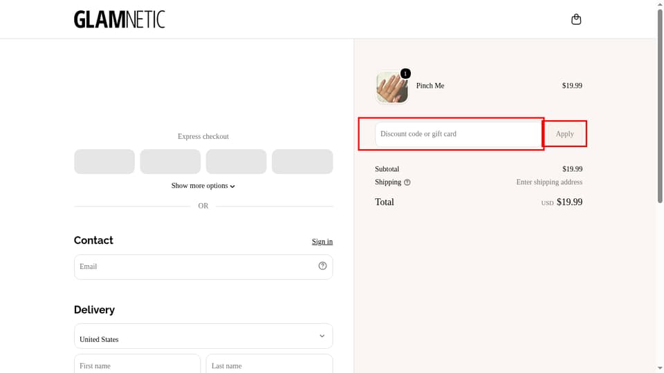 Glamnetic checkout page showing the Discount code or gift card field and Apply button